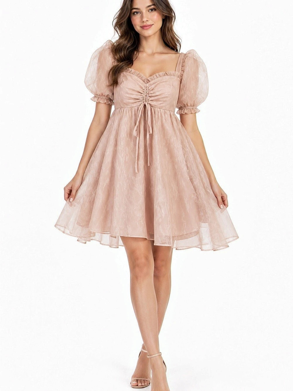 MABLE Sheer Organza Puff Sleeve Mini Dress in light brown Medium NWT